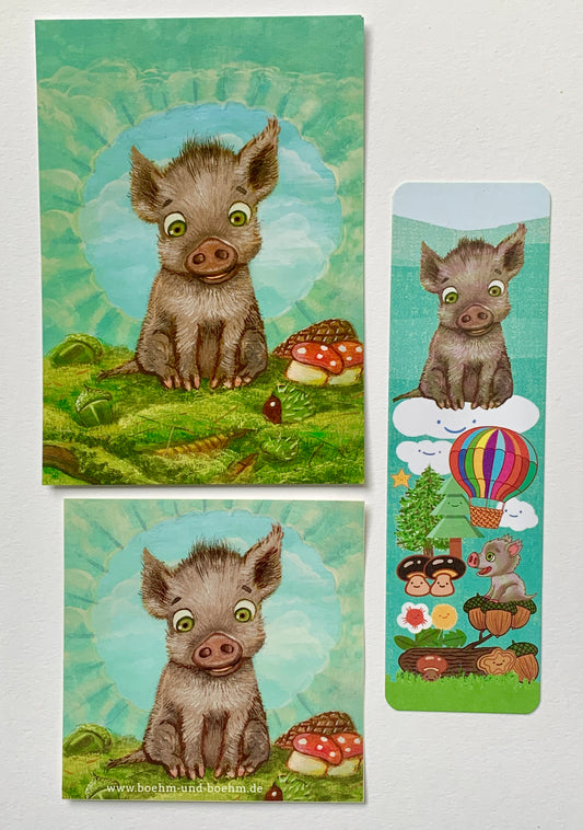 Bundle "Das kleine Wildschwein": Postkarte, Sticker & Lesezeichen