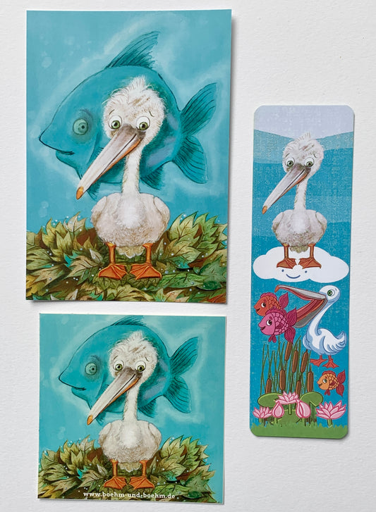 Bundle "Schlauer Pelikan": Postkarte, Sticker & Lesezeichen